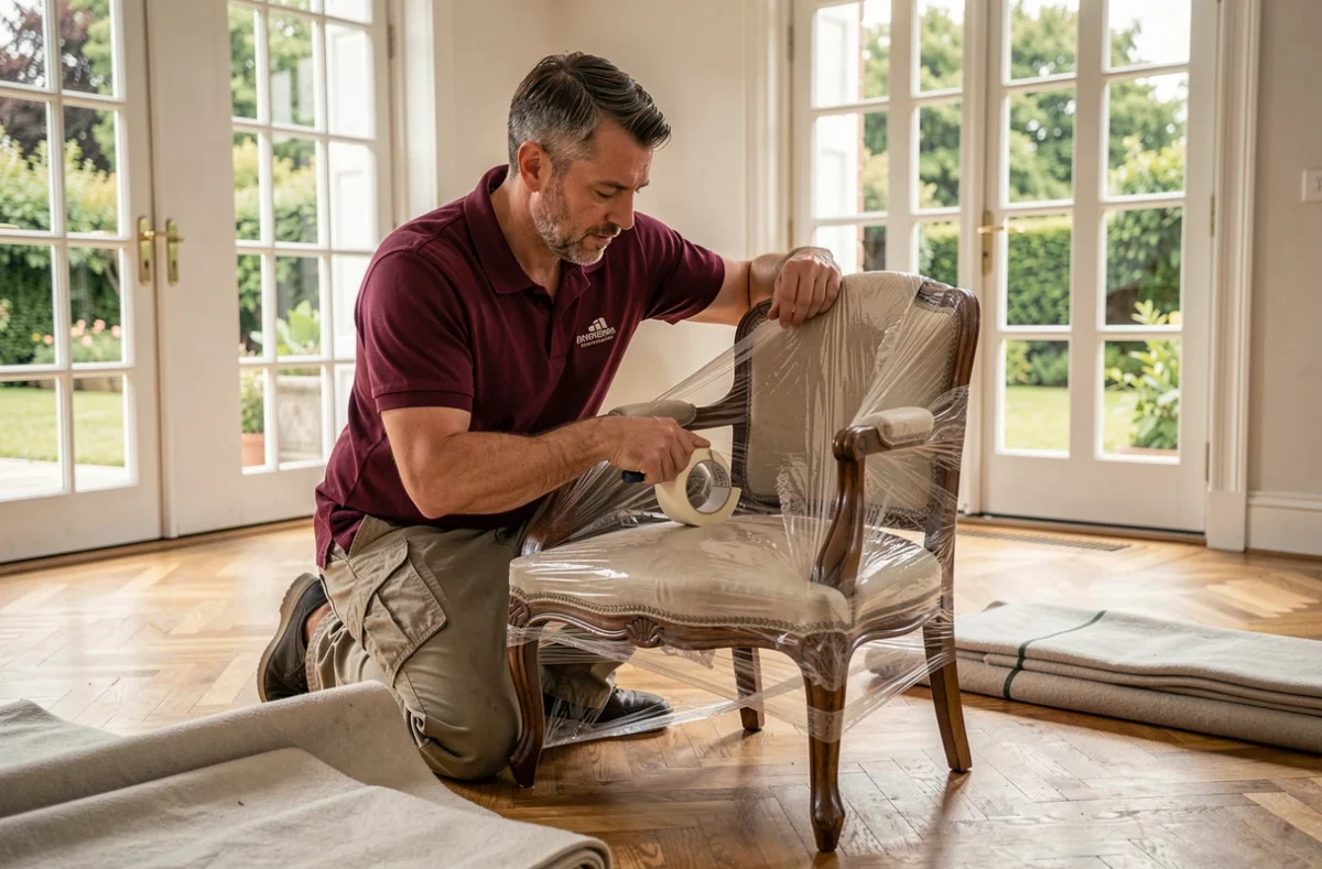 Déménageur de Fab's Déménagements emballant soigneusement un fauteuil ancien avec du film étirable à Pau