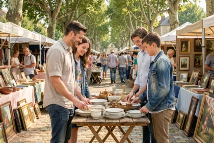 Famille parcourant les allées d'une brocante en plein air dans les Yvelines un dimanche matin, avec des objets anciens et des jouets vintage sur les étals
