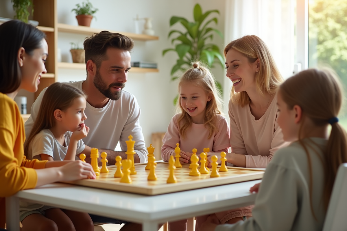 Famille moderne jouant à Nain Jaune dans une pièce lumineuse
