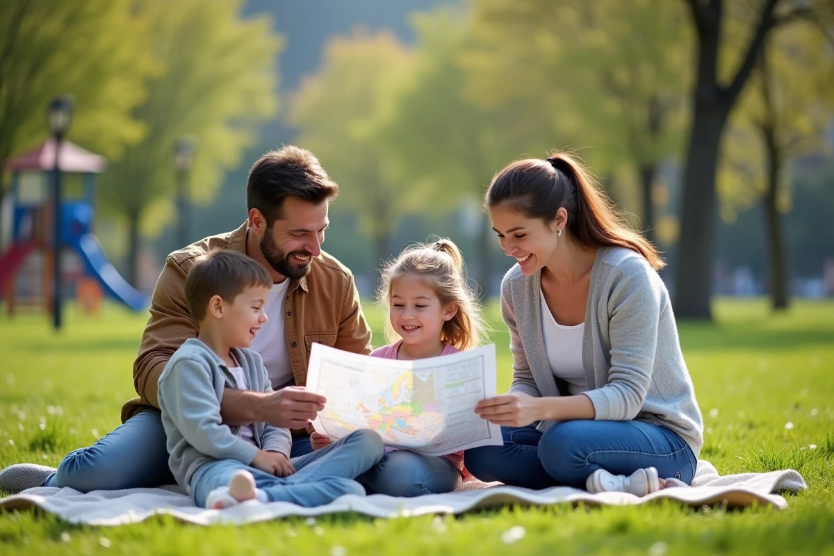 Famille en pique-nique discutant de vacances dans un parc