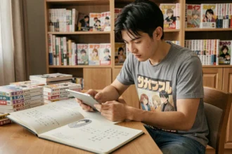 Fan de manga lisant les spoilers du scan One Piece 1141 sur une tablette entouré de volumes manga