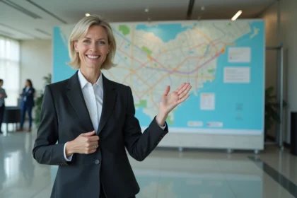 Femme d'affaires dans un lobby moderne avec carte de transit