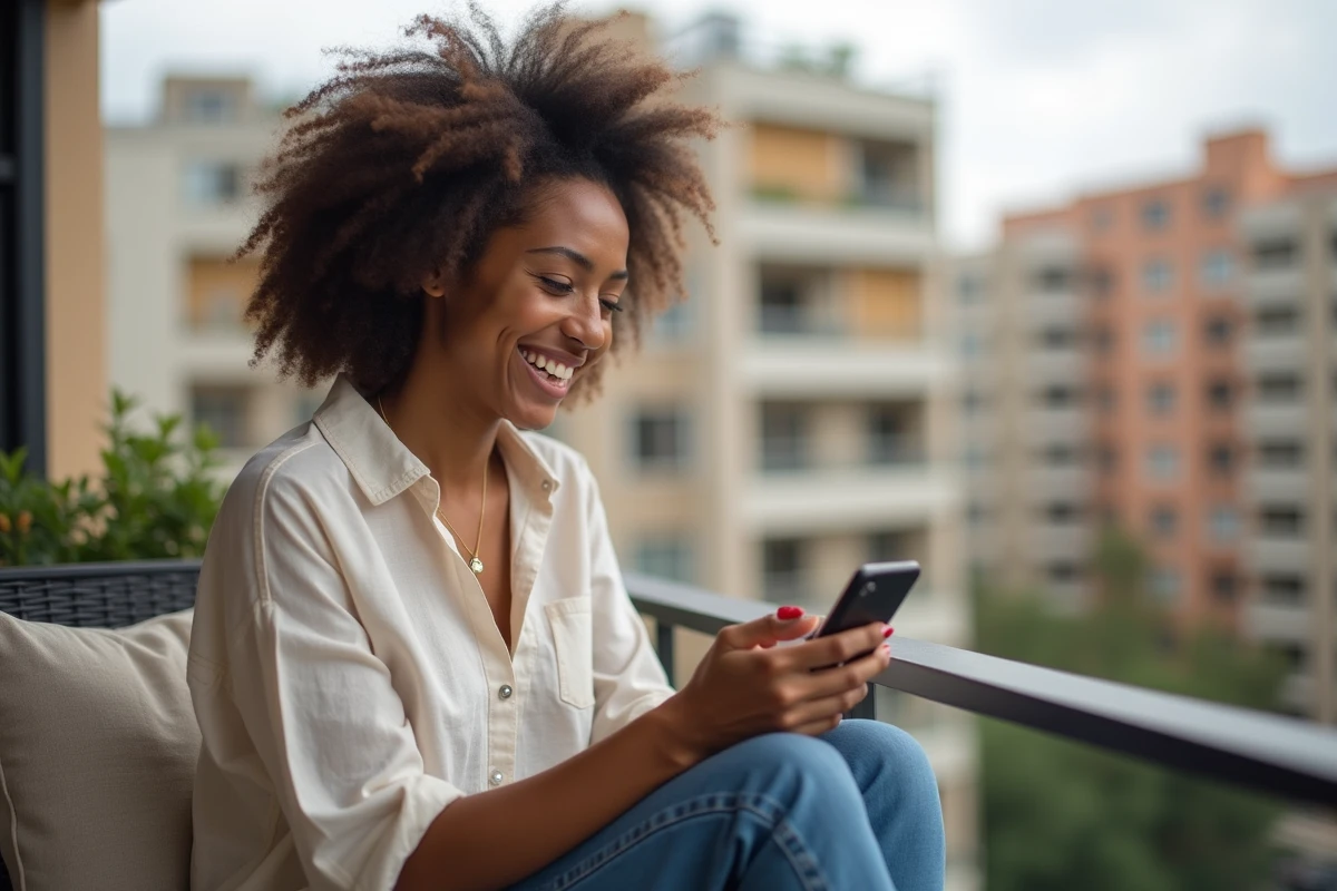 Jeune femme nord-africaine souriante écoute Radio Gazelle avec son smartphone en balcon