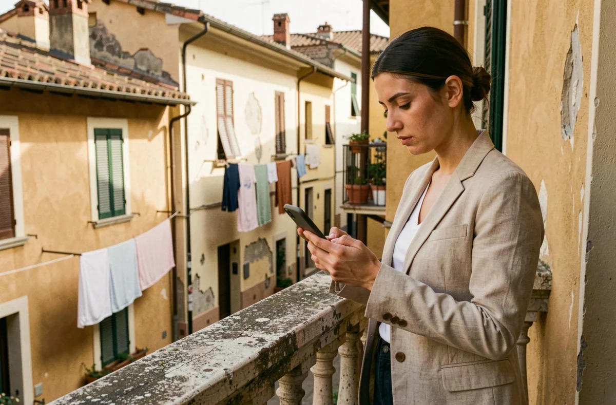 Jeune femme sur un balcon d'immeuble italien consultant une application immobilière sur smartphone avec vue sur les toits de la ville