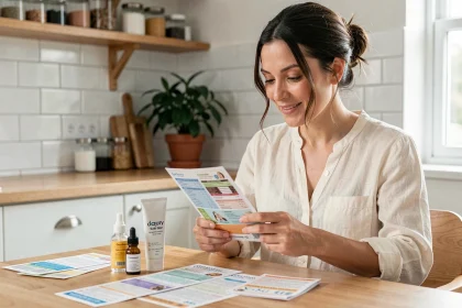 Femme tenant des bons de réduction imprimés pour des produits de beauté et d'hygiène dans une cuisine moderne