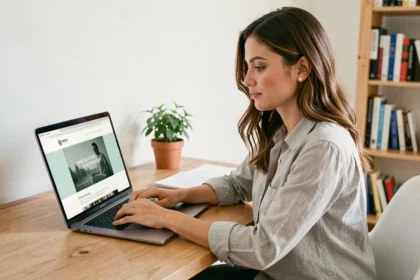Femme consultant un site web avec un nouveau nom de plateforme sur son ordinateur portable dans un bureau à domicile