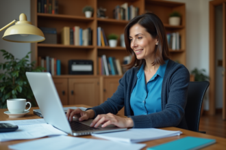 Femme d'âge moyen travaillant à son bureau à domicile
