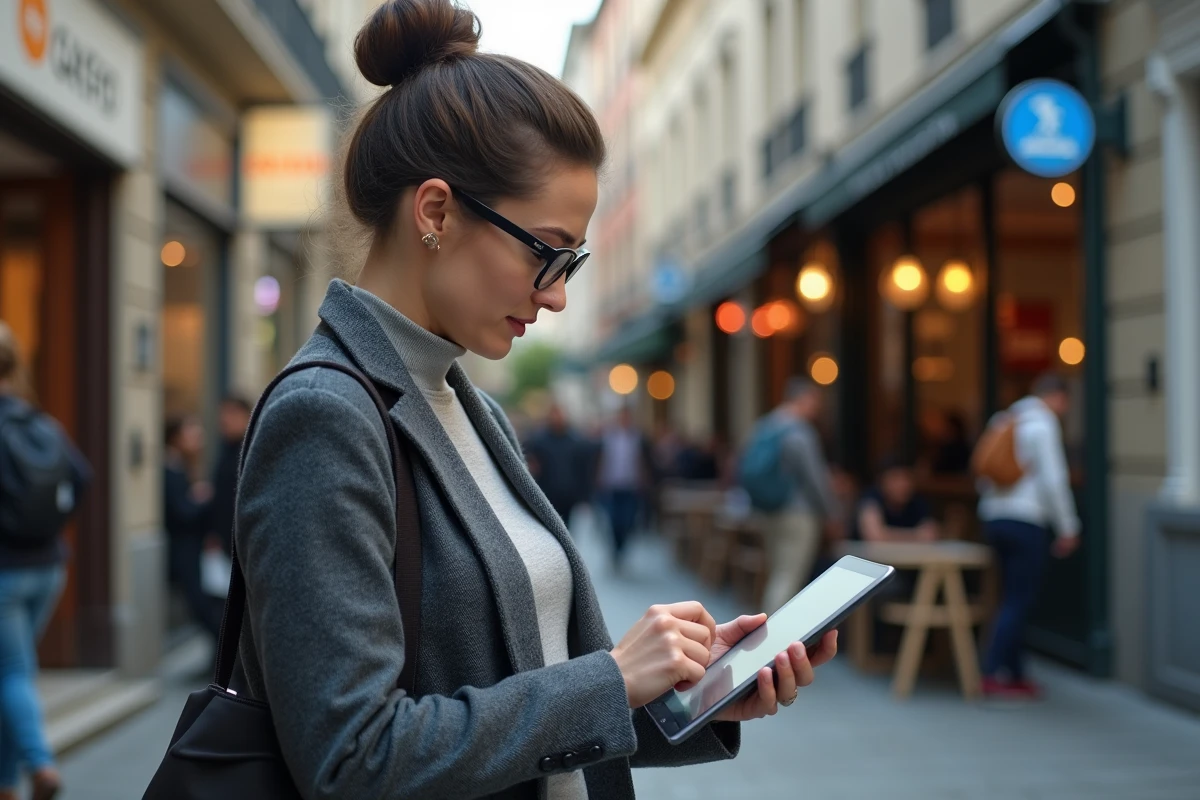 Femme utilisant une tablette dans un café en ville