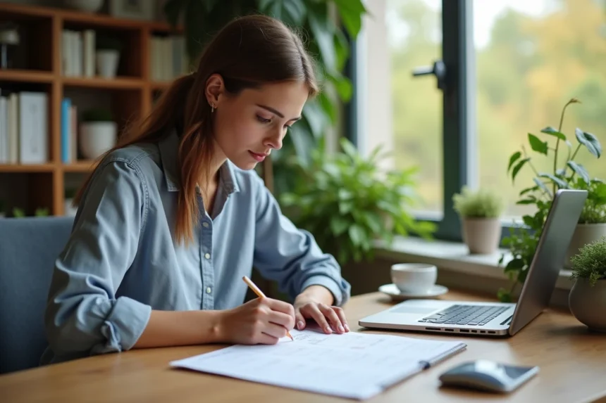 Jeune femme professionnelle note des dates sur un calendrier