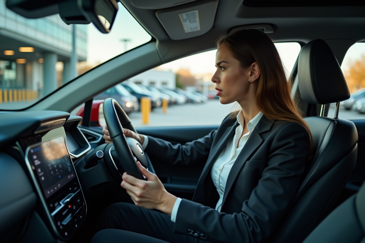Jeune femme dans une voiture hybride à une station de recharge