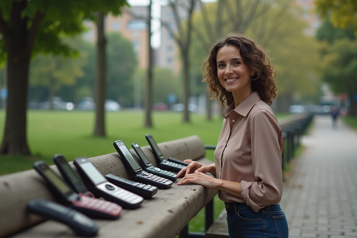 Femme montrant une collection de téléphones vintage dans un parc urbain