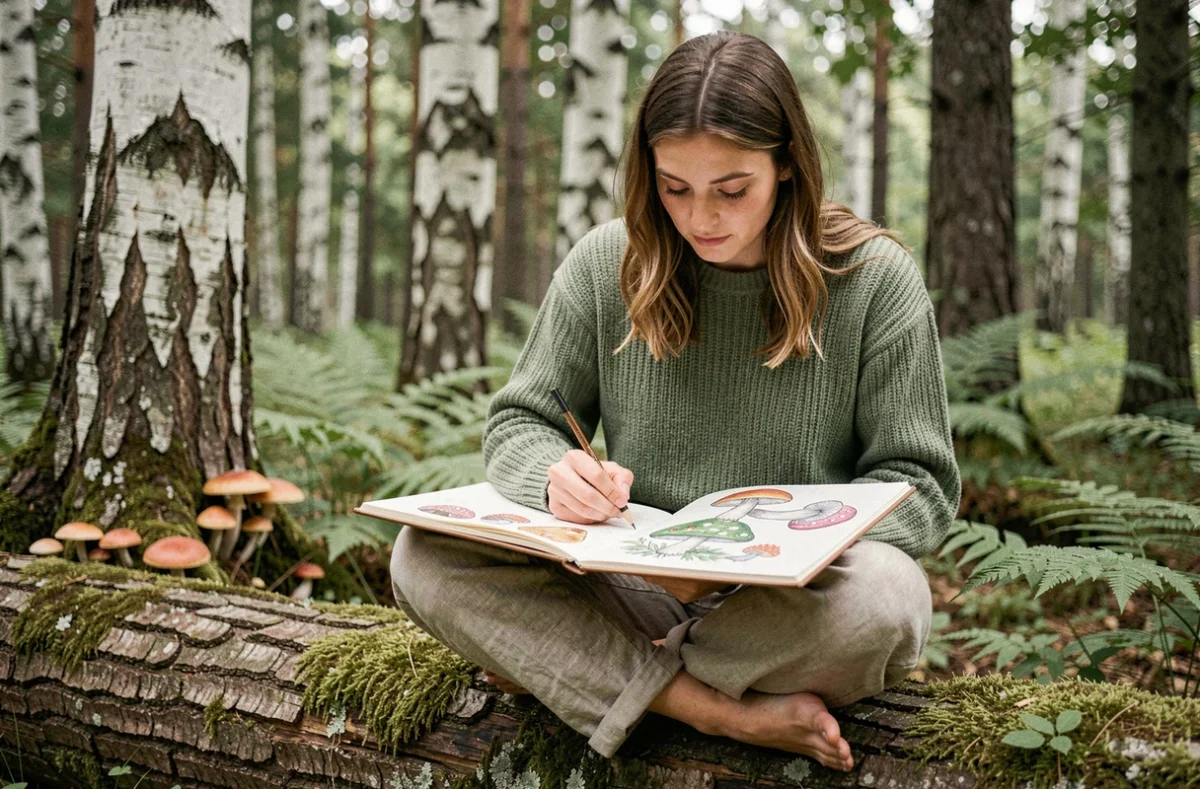 Femme dessinant des champignons à colorier dans un carnet au milieu d'une forêt enchantée