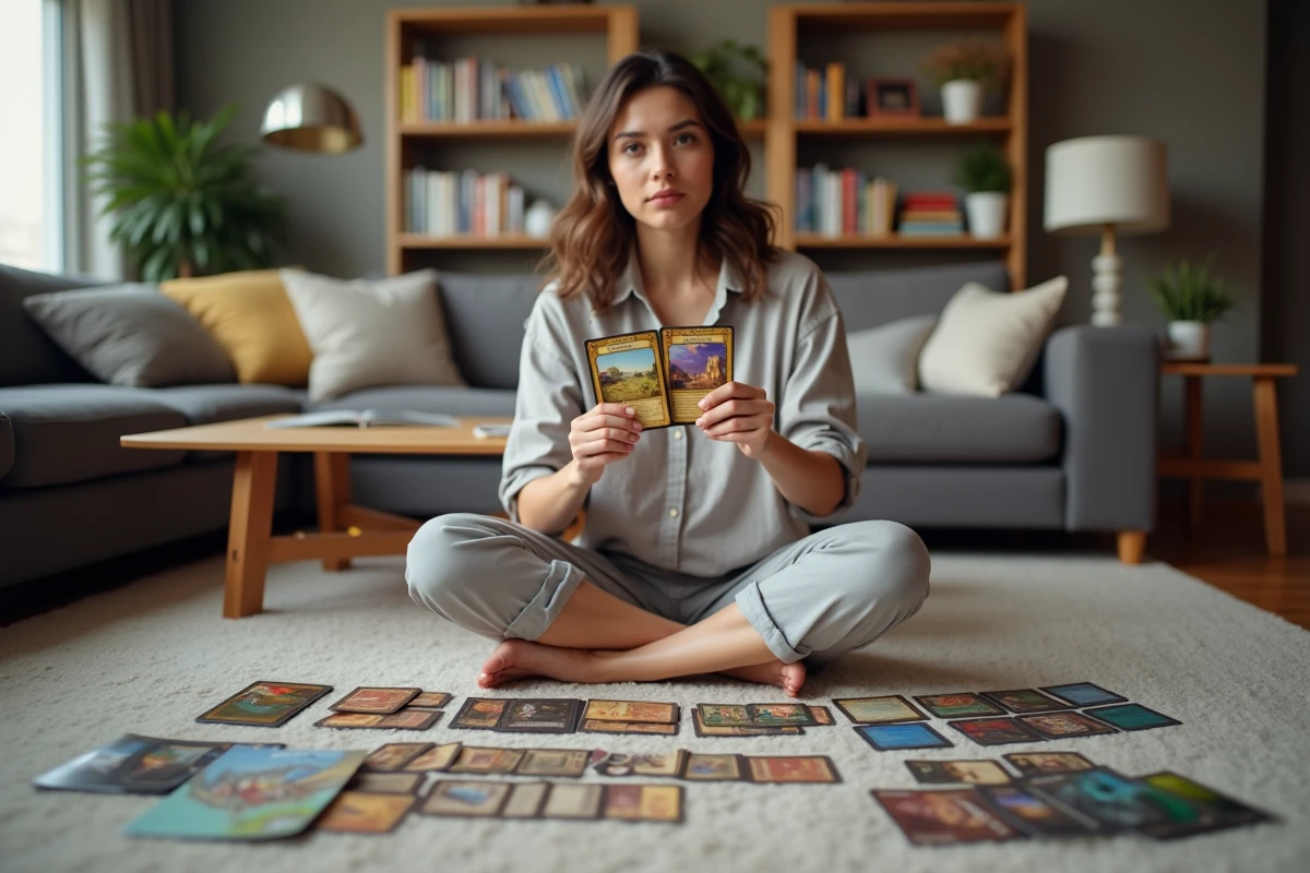 Une femme adulte assise sur le sol compare deux cartes de jeu de deck building, entourée de piles triées par extension de jeu de société