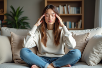 Femme assise en méditation dans un salon cosy