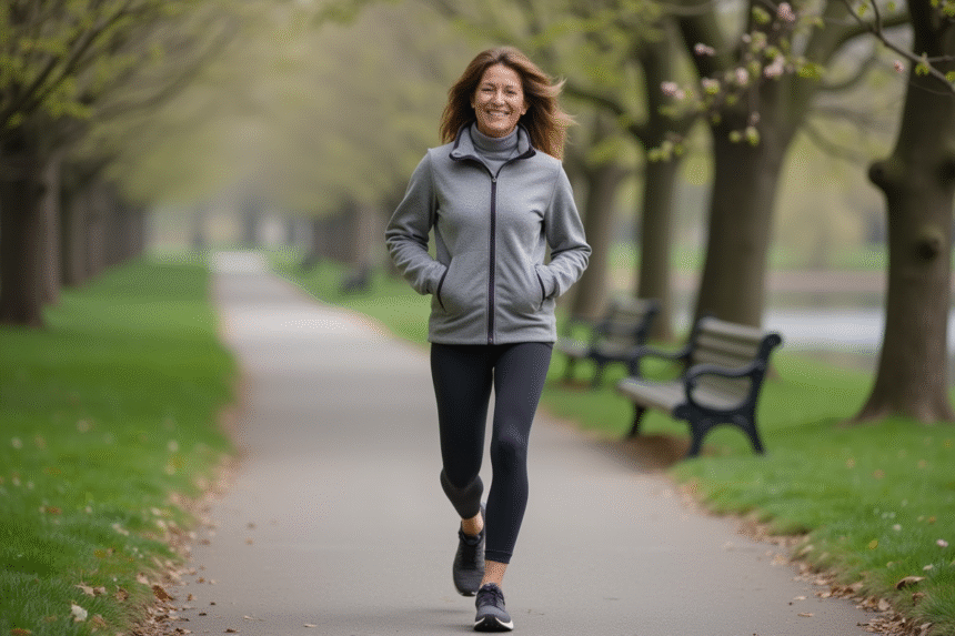 Femme en jogging dans un parc au printemps avec nature