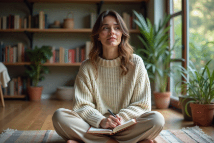 Femme assise en intérieur en train de journaliser dans un cadre cosy