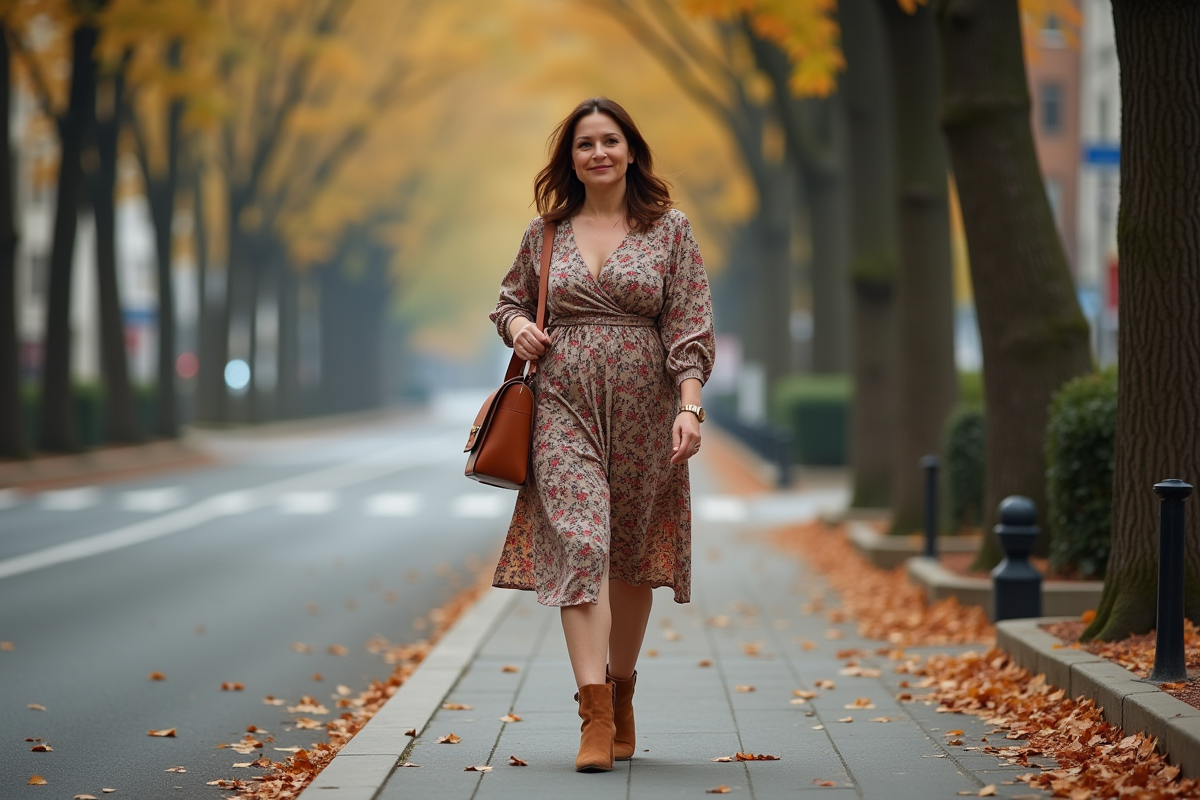 Femme élégante en robe wrap marche en ville en automne