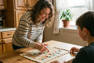 Une femme explique les mots valides au Scrabble à un enfant autour d'une table en bois avec un plateau de jeu ouvert