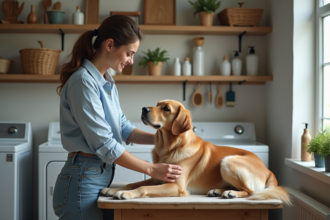 Jeune femme brossant un chien golden retriever dans la buanderie