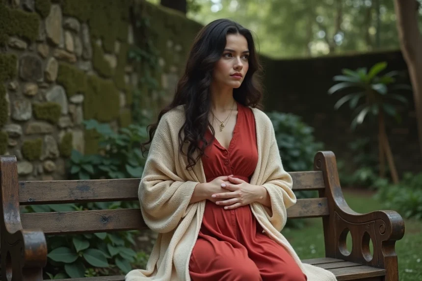 Jeune femme pensante dans un jardin secret et paisible