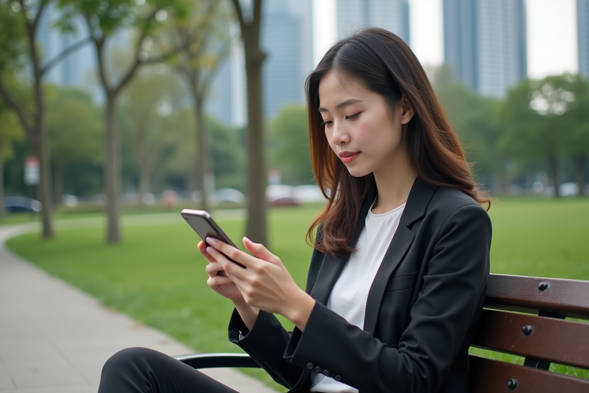 Jeune femme regardant son application d