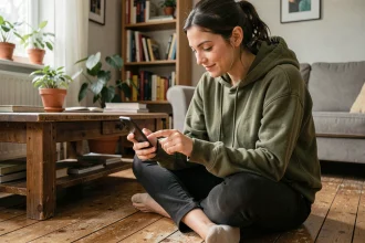 Jeune femme jouant à Hay Day sur smartphone avec une stratégie avancée sans achat intégré