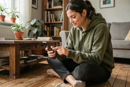 Jeune femme jouant à Hay Day sur smartphone avec une stratégie avancée sans achat intégré