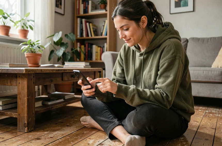 Jeune femme jouant à Hay Day sur smartphone avec une stratégie avancée sans achat intégré