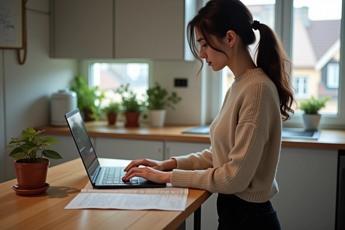 Jeune femme cherchant un mot croise dans sa cuisine