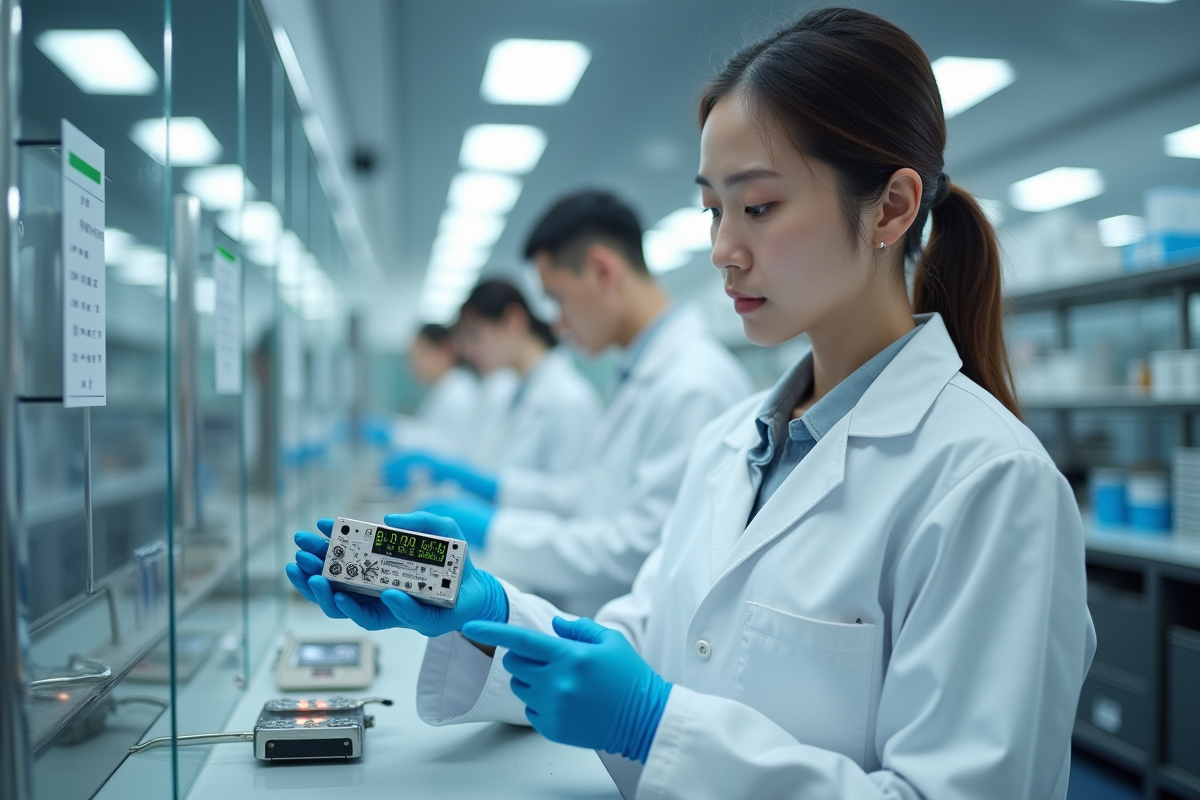 Femme en laboratoire travaillant sur pile à hydrogène