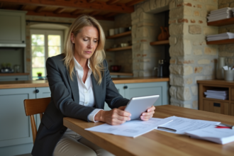 Femme d'âge moyen lisant un document dans une cuisine moderne