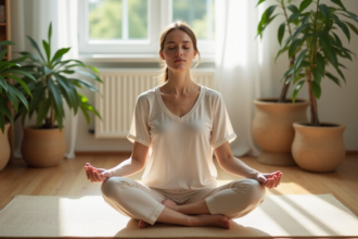 Femme méditant en intérieur dans un salon lumineux