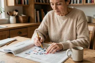 Femme résolvant des mots fléchés avec un crayon sur un journal posé sur une table en bois