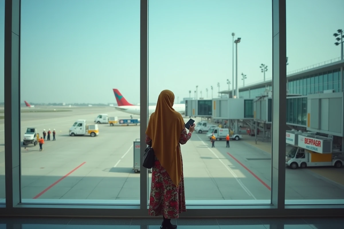 Jeune femme musulmane en hijab regarde par la fenêtre d