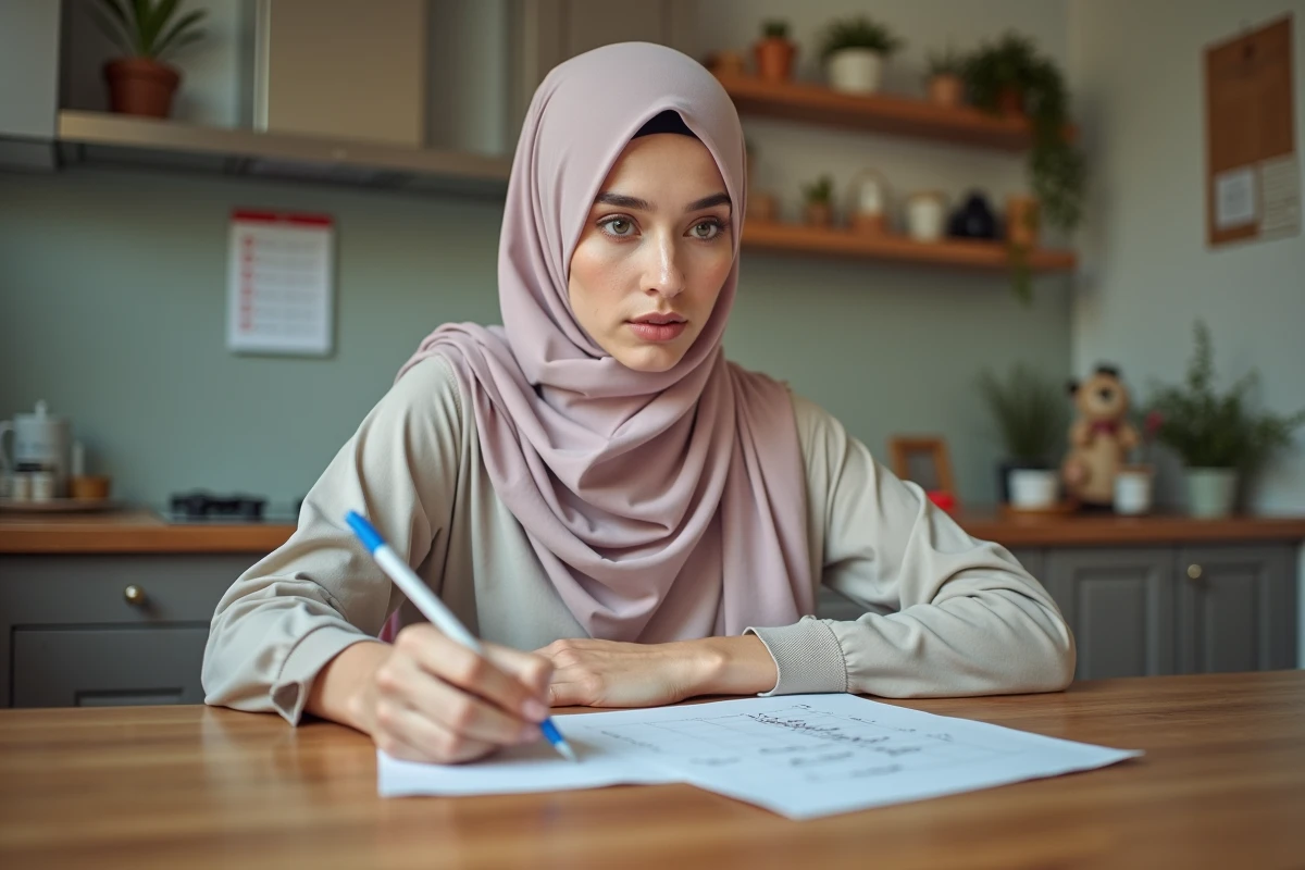 Jeune femme musulmane dans la cuisine marquant les heures de priere