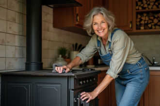 Femme nettoie soigneusement un poêle en fonte dans la cuisine chaleureuse