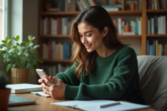 Femme en intérieur mettant à jour son profil sur smartphone