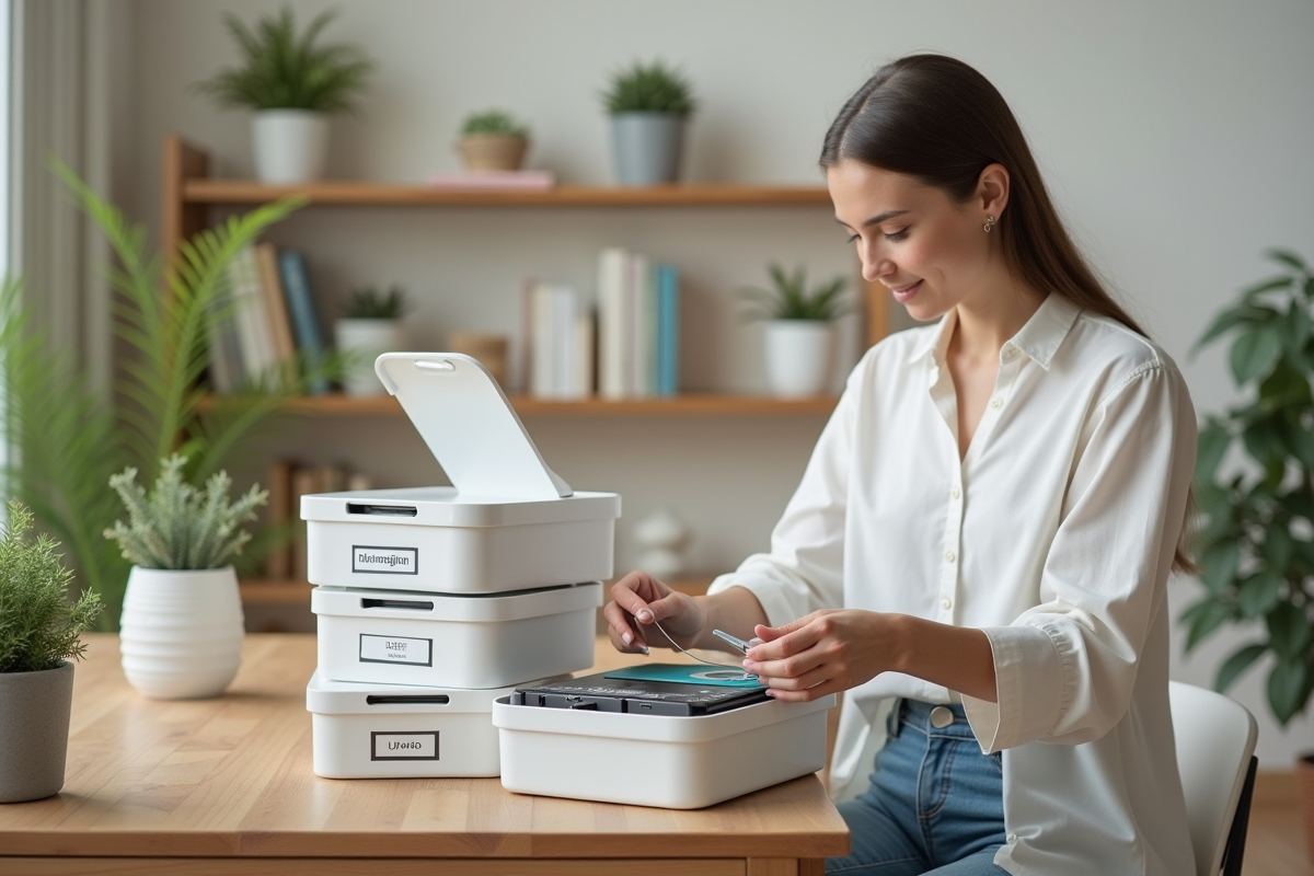 Jeune femme organisant des supports de sauvegarde dans un bureau lumineux