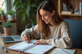 Jeune femme organisant un planner coloré dans un bureau cosy