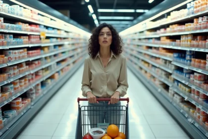 Femme paralysée face à un rayon de supermarché surchargé, illustrant le syndrome du trop grand choix et le blocage décisionnel