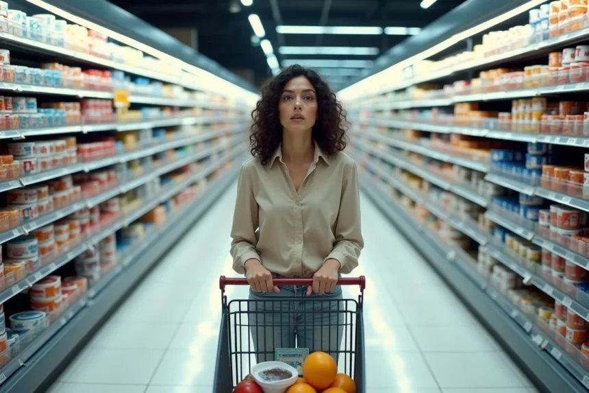 Femme paralysée face à un rayon de supermarché surchargé, illustrant le syndrome du trop grand choix et le blocage décisionnel