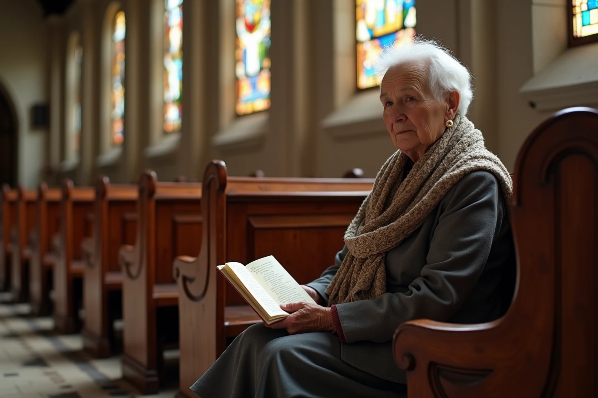 Femme assise dans une eglise avec programme de priere