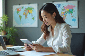 Jeune femme professionnelle au bureau multitâche avec diagrammes