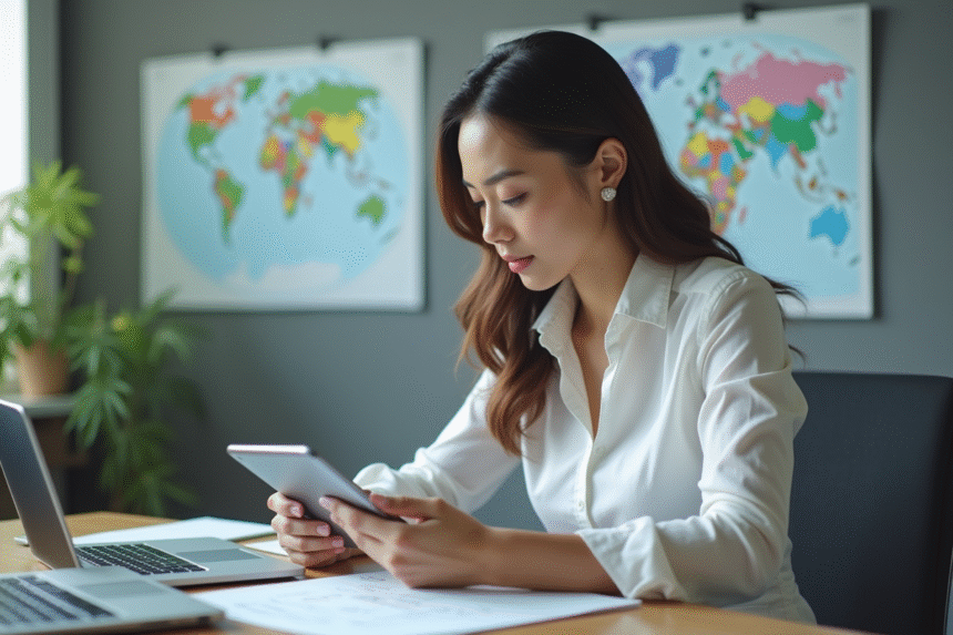 Jeune femme professionnelle au bureau multitâche avec diagrammes