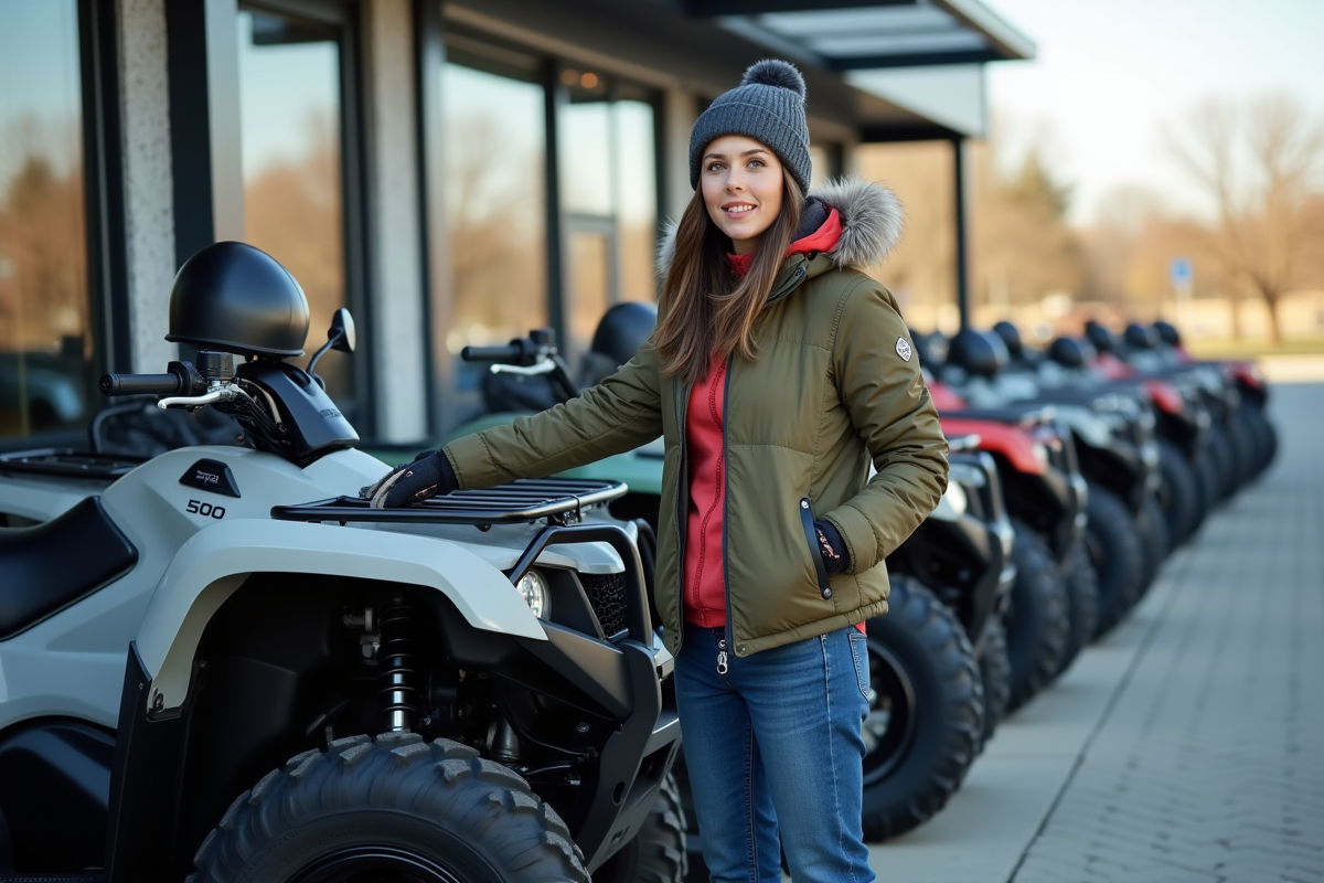 Femme inspectant quads 500cc en concession automobile