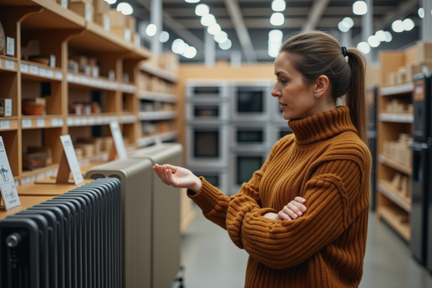 Femme comparant deux radiateurs électriques modernes en magasin