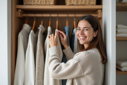 Femme souriante range des vêtements dans une armoire moderne
