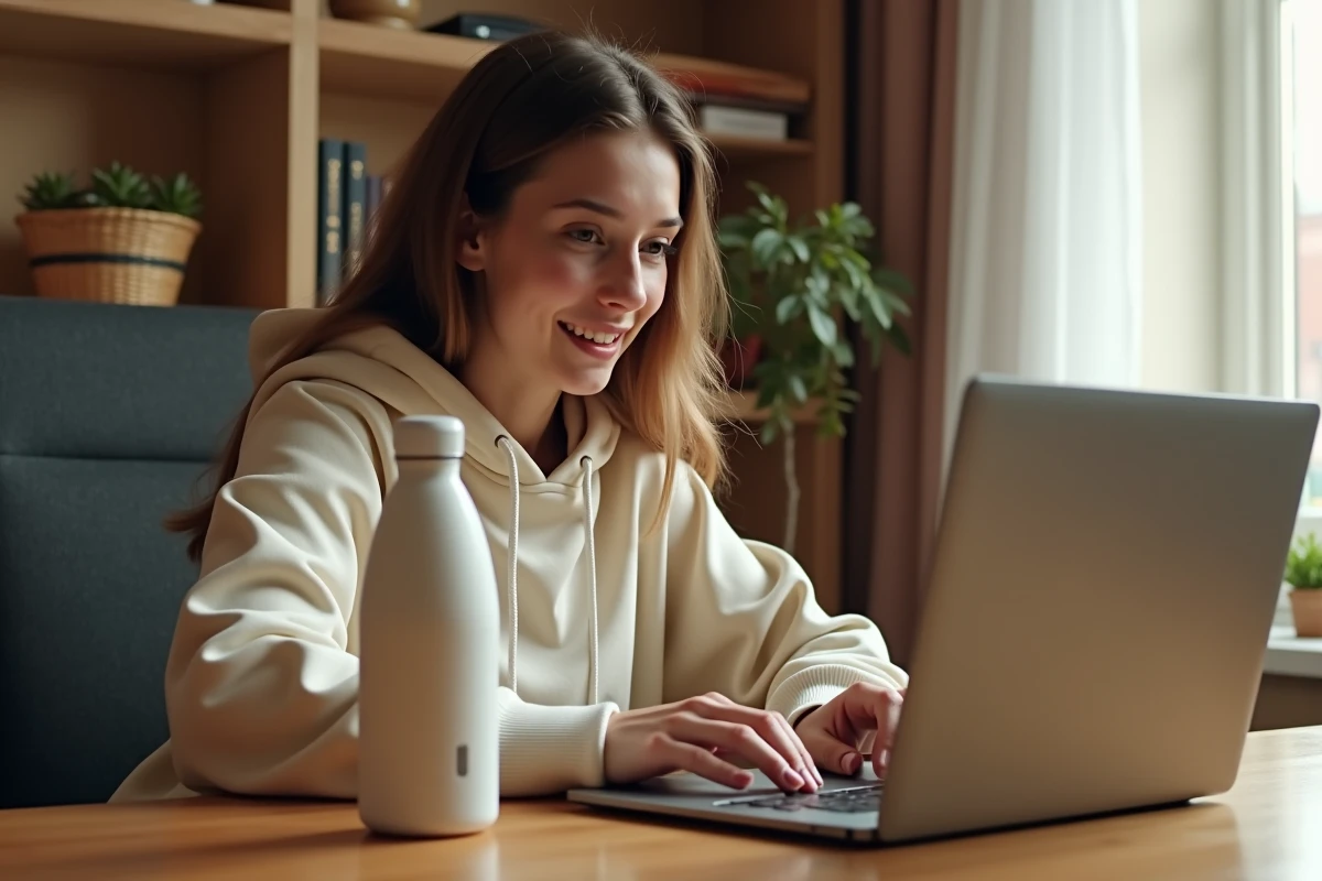 Jeune femme recherchant un code promo Air Up Inoxtag sur son ordinateur portable avec une gourde posée sur le bureau