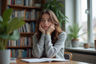 Jeune femme assise à un bureau avec une expression contemplative