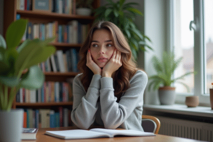 Jeune femme assise à un bureau avec une expression contemplative